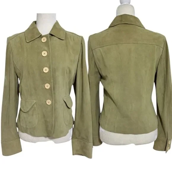 Ann Taylor Women's Sage Green Suede Office Work Casual Jacket 5 Button Sz Medium - Picture 1 of 8